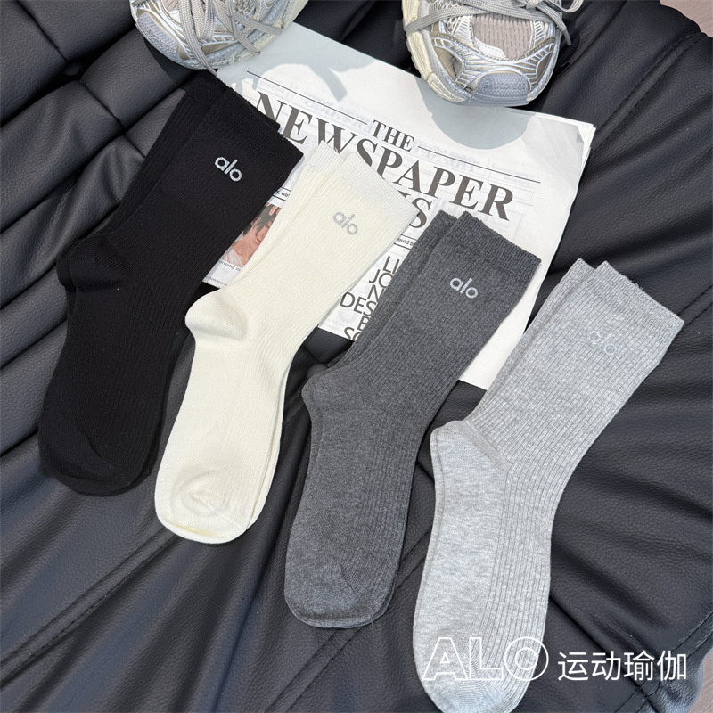 纯色加厚alo欧货字母袜子女百搭潮流堆堆袜运动健身跑步长筒棉袜