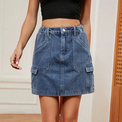 Women Jean Skirt High Waisted Denim Skirt with Pockets牛仔裙