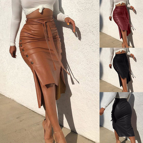 Women Faux Leather Long Pencil Skirt 开叉中长款包臀半身PU裙