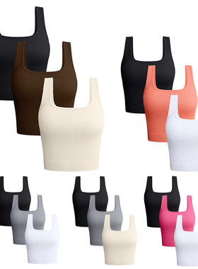 亚马逊女背心罗纹无缝瑜伽裤上衣Women Yoga Crop Top Tank Top