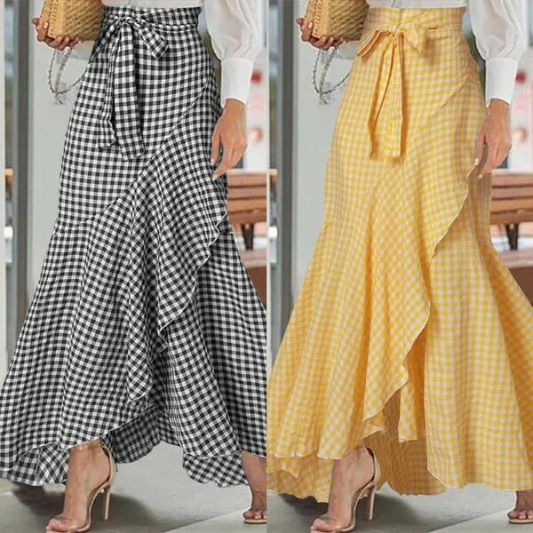 Women Plaid Maxi Skirt Irregular Ruffle Hem Long Skirt图片