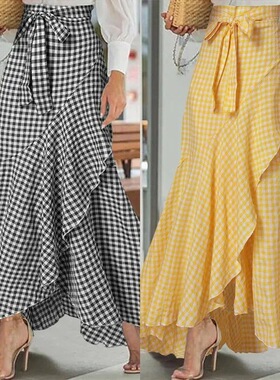 Women Plaid Maxi Skirt Irregular Ruffle Hem Long Skirt