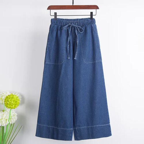 Women Wide Leg Jeans Drawstring Denim Pants 大码宽松女牛仔裤