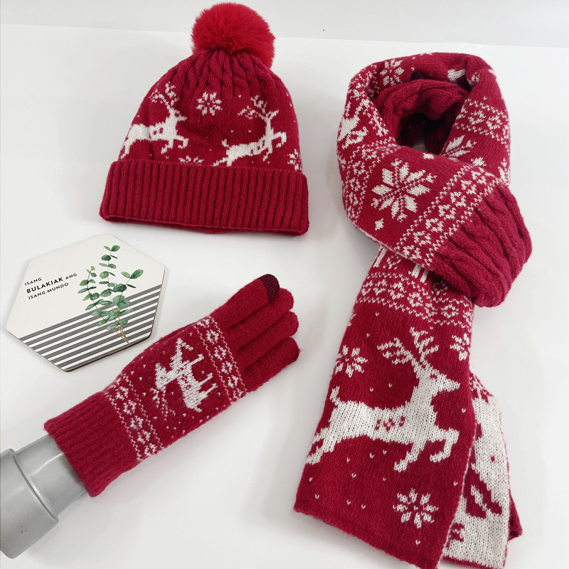 3 Pcs Christmas Winter Soft Warm Knit Hat Scarf Gloves Set