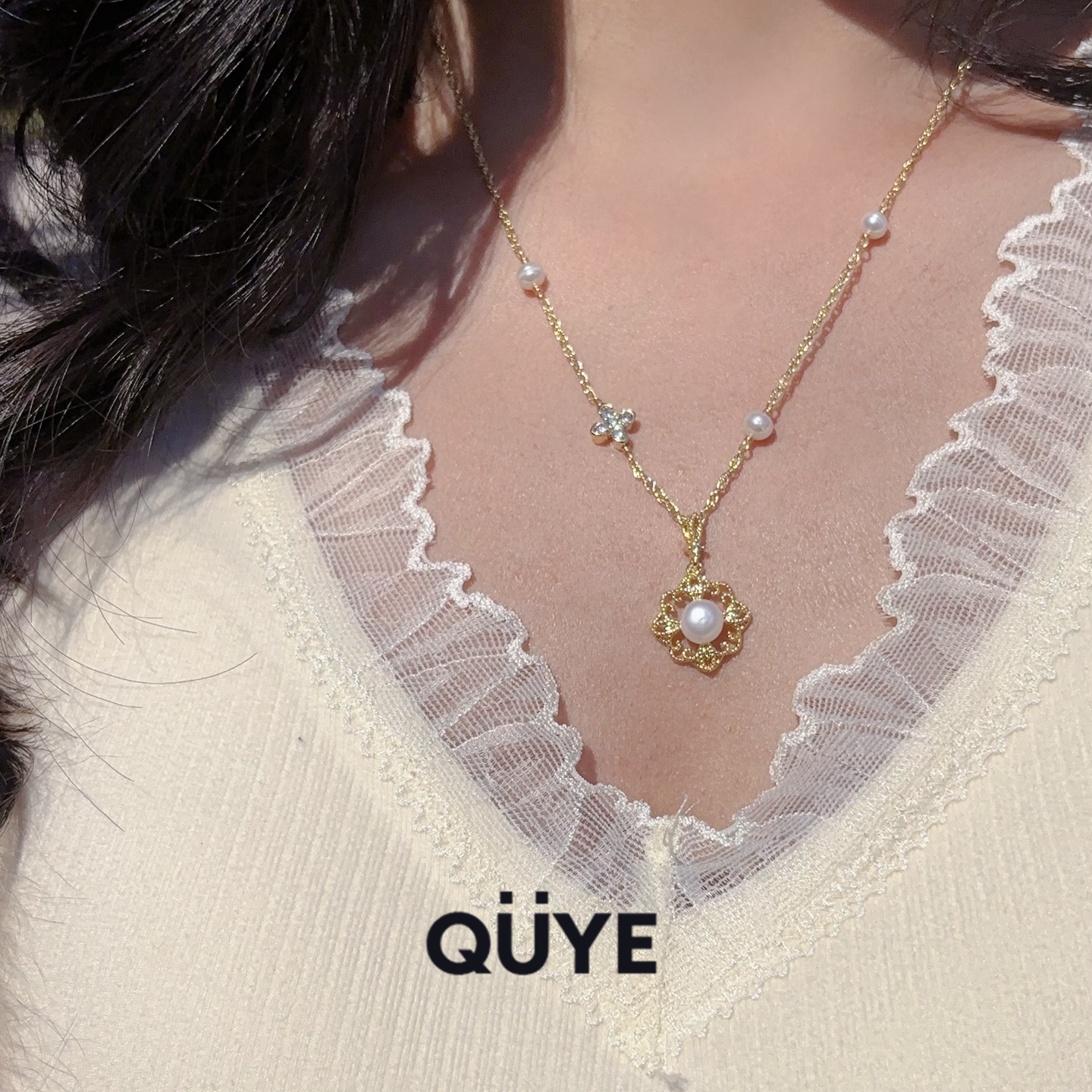 复古轻奢纯天然淡水真珍珠镶钻吊坠毛衣链项链