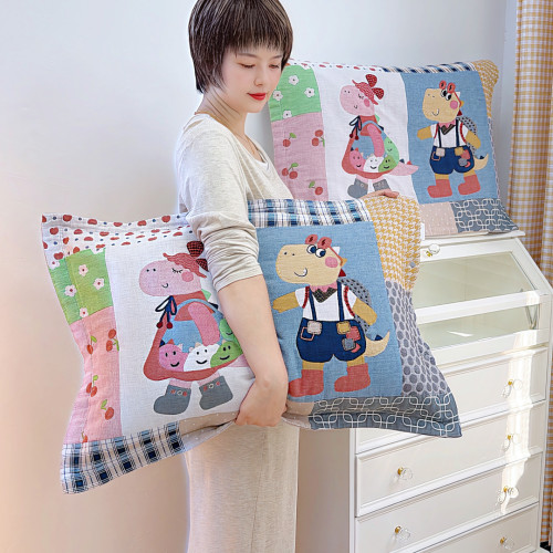 高密纯棉水洗纱布枕套一对卡通48x74/全包按扣式加厚枕头芯套透气