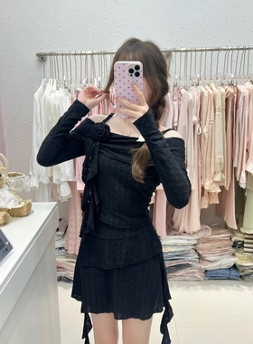 NIEVE立体花朵一字肩小衫+半身裙套装配胸针甜美时尚优雅少女简约