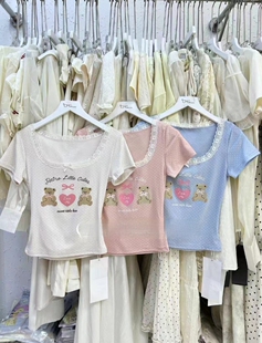 蕾丝波点印花体恤胖遮肉显瘦 夏季 甜美风可爱风休闲方领短袖 恤女装