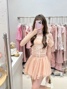 法式 少女风收腰蕾丝蓬蓬裙女 甜美风粉色蝴蝶结连衣裙2025夏季 新款