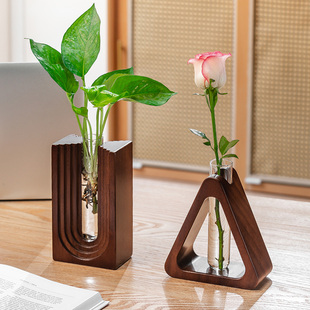 创意胡桃木试管花瓶高颜值摆件客厅插花瓶高级感轻奢家用装饰花瓶