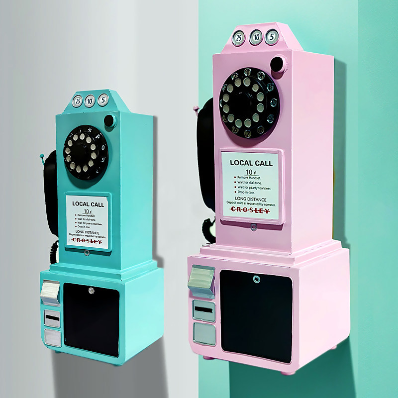 老式复古墙壁挂式电话机模型酒吧咖啡厅墙面装饰品红色电话亭配装