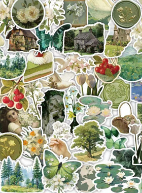 绿色油画贴纸124张蝴蝶ins风DIY手账行李箱笔记本的电脑手机装饰