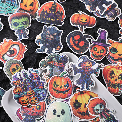 镭射万圣节南瓜贴纸笔记本电脑咕卡水杯装饰防水DIY手帐卡通贴画