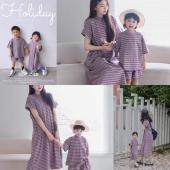 套装 高端网红亲子装 短裤 t恤男童条纹短袖 休闲洋气母女连衣裙 夏装