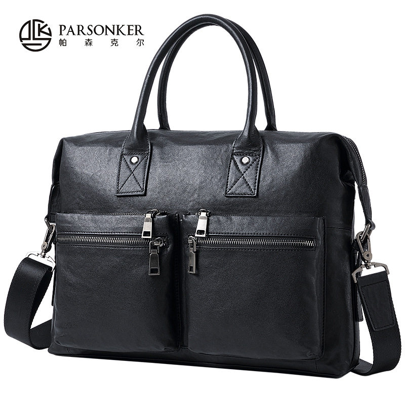 热销头层牛皮男士公文包商务植鞣皮大容量男包真皮牛皮单肩斜跨包