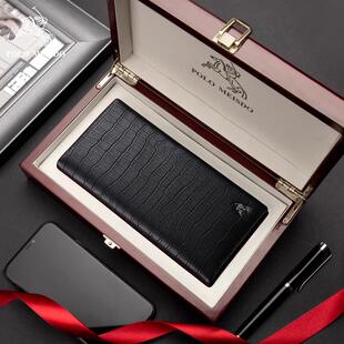 正品保罗美思得钱包男真皮长款2024新款羊皮夹鳄鱼纹钱夹男士礼物