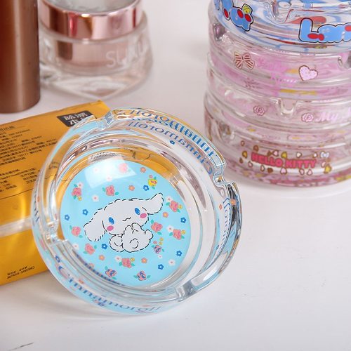 印花烟灰缸玻璃透明卡通可爱少女心居家用摆件家用烟灰垃圾收纳盘