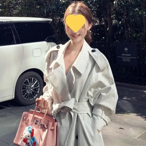 风衣新款高档系带中长款宽松韩系双排扣秋季女竖条纹外套2025,女装/女士精品,风衣,淘宝优惠券,粉丝福利购,淘宝优惠卷