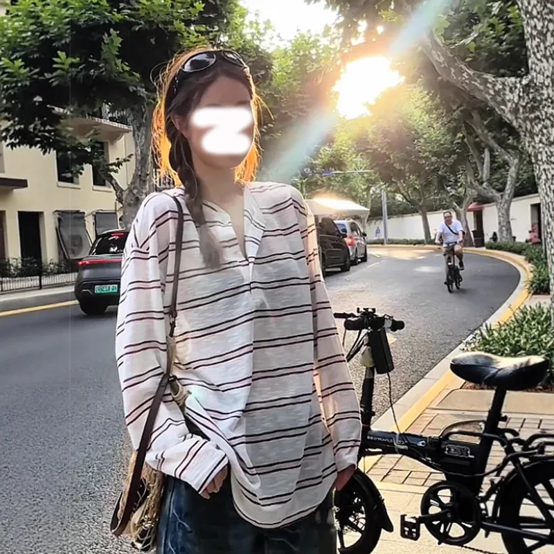 撞色条纹宽松长袖T恤女夏季半开领休闲薄款防晒罩衫慵懒百搭上衣,女装/女士精品,T恤,淘宝优惠券,粉丝福利购,淘宝优惠卷