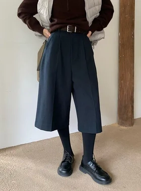 阔腿高腰EVERTRUE韩版女西装裤七分裤新款磨毛宽松681022025