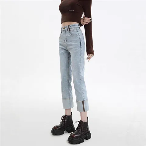 法棍裤显瘦遮女烟管腿型牛仔裤卷边9分裤小个子八九分浅蓝色春季,女装/女士精品,牛仔裤,淘宝优惠券,粉丝福利购,淘宝优惠卷