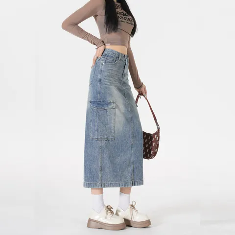 工装高腰鱼尾女新款包臀半身裙复古牛仔春季中长裙2025a字浅蓝色,女装/女士精品,半身裙,淘宝优惠券,粉丝福利购,淘宝优惠卷