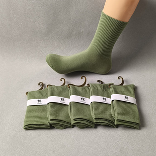 军绿色男式 袜子运动全棉袜防臭保暖秋冬纯棉袜 100%棉男袜中筒男士