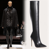 新款 简约风不过膝尖头显瘦超高细跟高筒靴大码 后拉链黑色长筒靴子