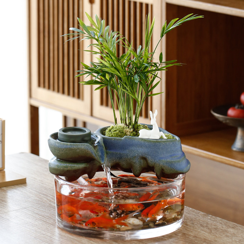 中式招财流水循环水陶瓷摆件水景迷你办公室桌面小型茶桌装饰礼品