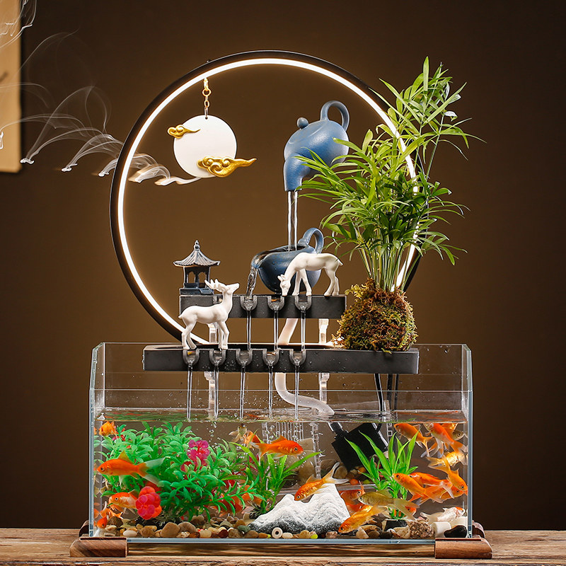 创意招财鱼缸假山流水生财喷泉摆件家居客厅桌面装饰开业乔迁礼品