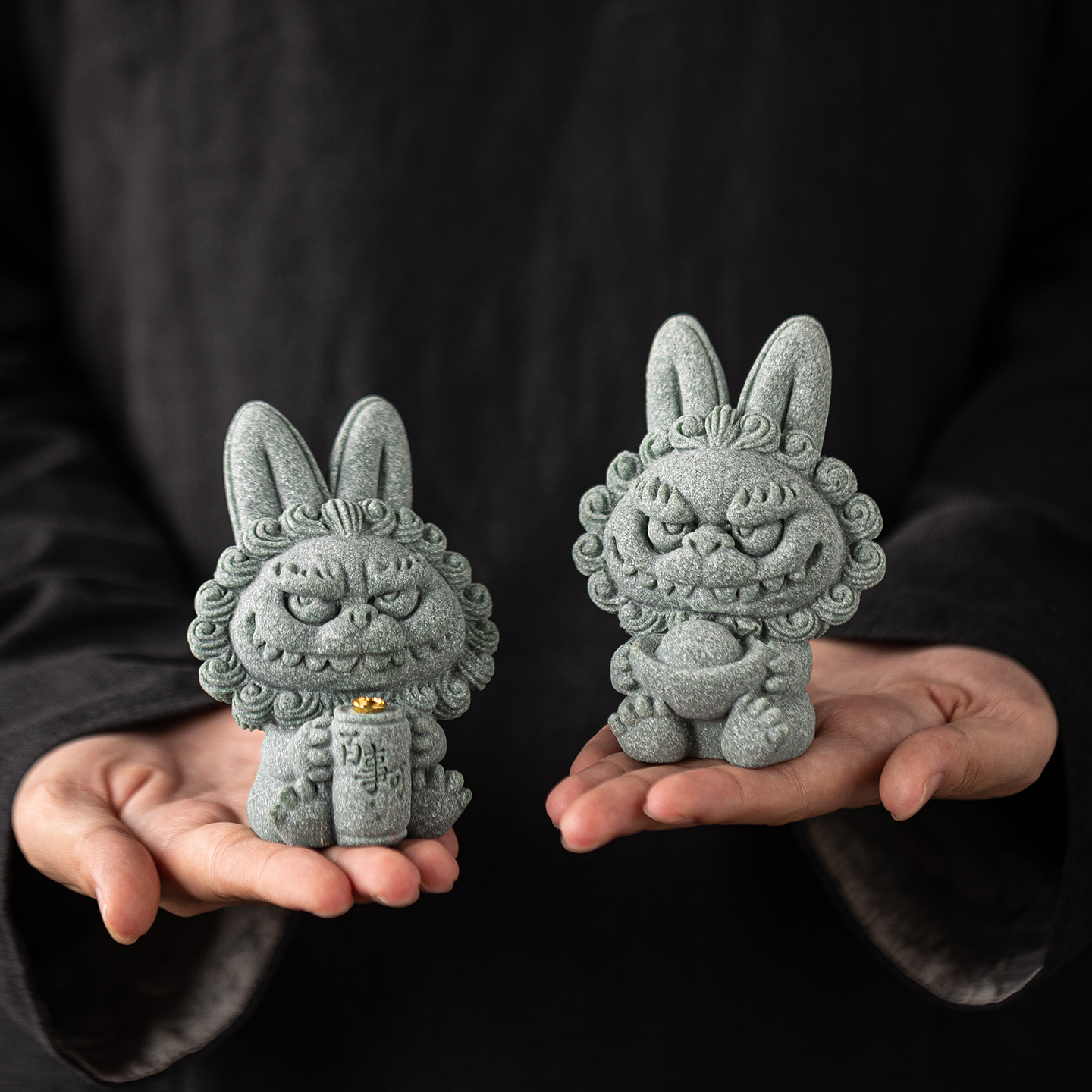 创意兔狮爷招财进宝一对茶宠摆件