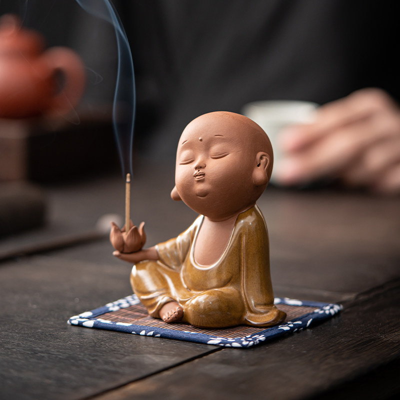 中式创意精品紫砂小沙弥线香插茶宠摆件家居客厅茶几禅意茶玩饰品