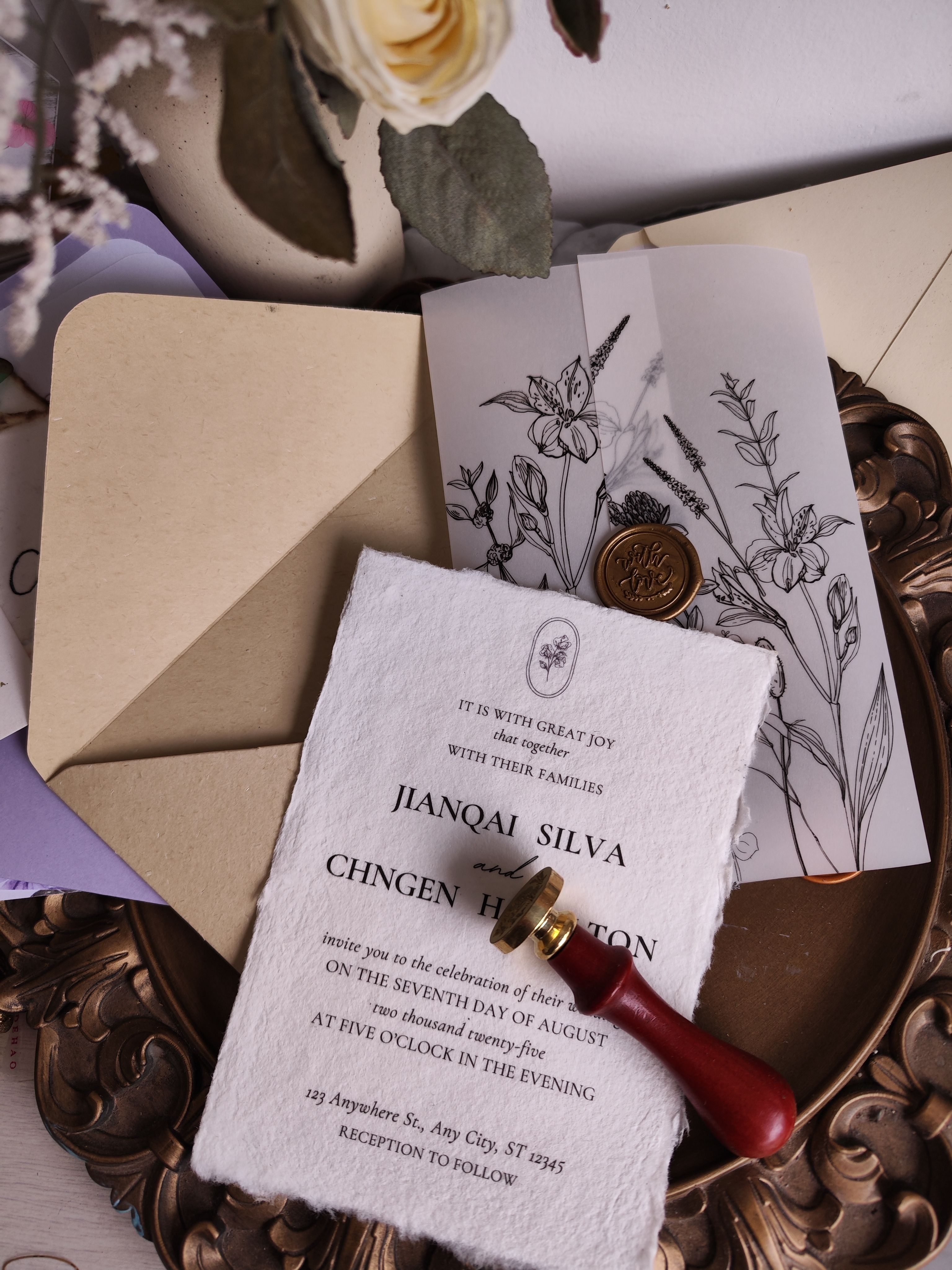 婚礼邀请手撕手工造纸再生纸邀请函请柬喜帖简单高级简约黑白素色