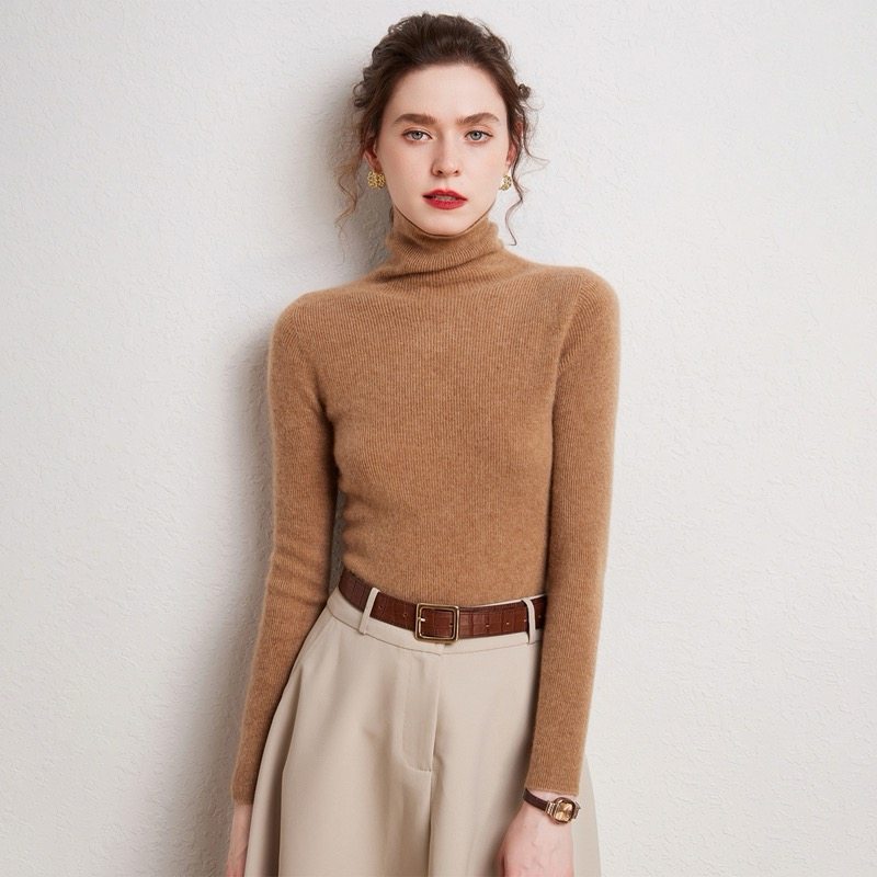 一线成衣100%纯山羊绒衫女士堆堆领毛衣2025冬新款修身针织打底衫