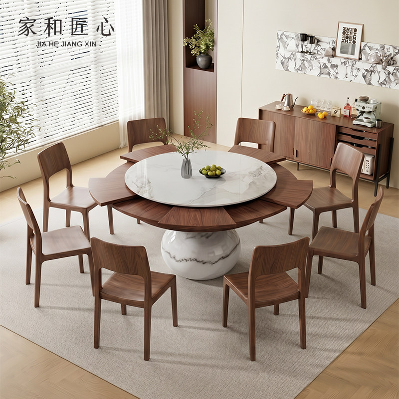 变形圆桌可旋转伸缩扩大小家用餐厅实木餐桌圆形大饭桌天然大理石