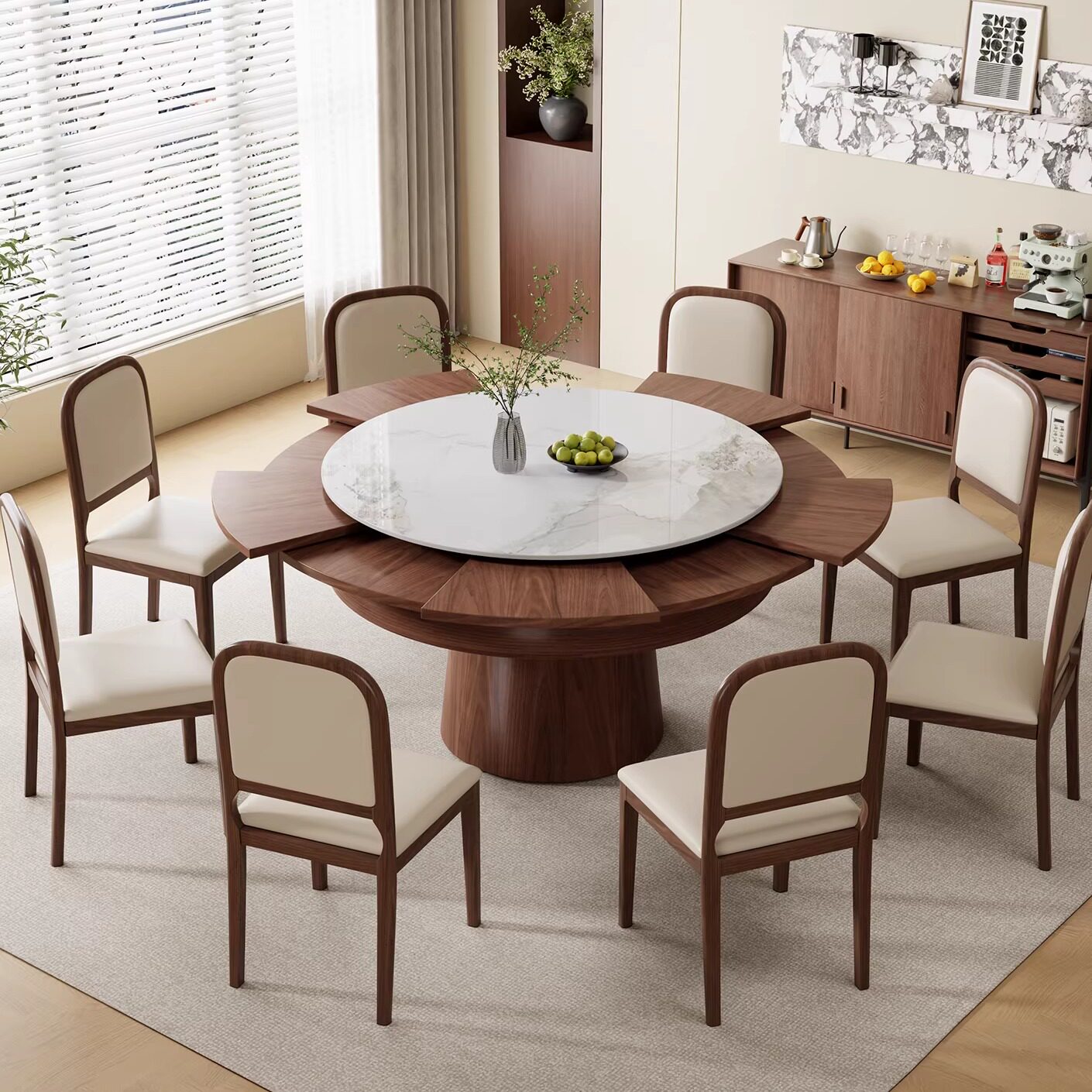 变大变小新中式实木餐桌圆形岩板可旋转伸缩圆桌弗莱彻家用别墅桌