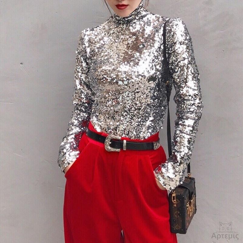 女装打底衫高领百搭亮片长袖上衣Womens fashion sequin top