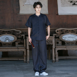 亚麻短袖衬衫直筒长裤简约时尚风男夏清凉套装TZ1205p190，男装休闲套装，电商A016