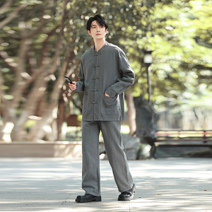 风男装外套盘扣唐装夹克棉麻纯色衬衫直筒裤套装TZ1180-P170图片