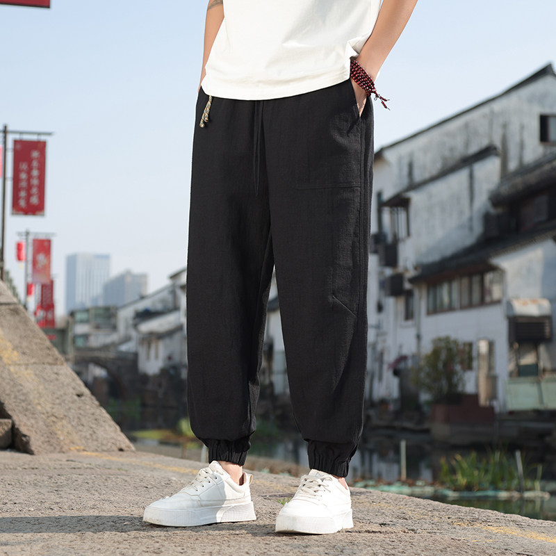 休闲裤2025男春夏亚麻裤风工装裤纯色棉麻束脚九分裤8230-P80图片