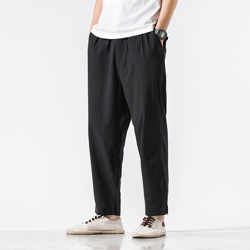 男长裤春夏款棉麻休闲直筒裤松紧腰内抽绳风九分裤子8011-P70，男装休闲裤，电商A016