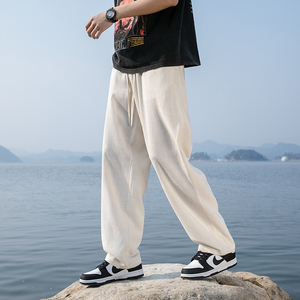 棉麻直筒裤春夏新款阔腿裤男士长裤子纯色大码拖地休闲裤8059-p75图片