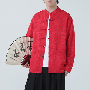 2025秋冬新款夹克红复古唐装汉服中式外套男长袖衬衫1197-P98图片