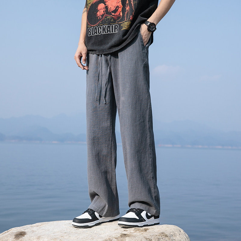 棉麻直筒裤春夏新款阔腿裤男长裤子纯色大码拖地休闲裤8208-p78图片