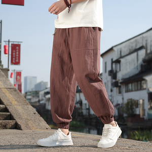 风休闲裤2025男春夏款亚麻裤工装裤纯色束脚九分裤子8230-P80图片