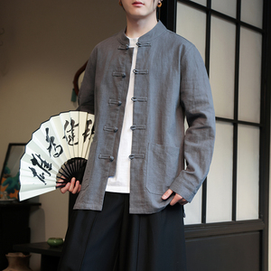 风外套春夏棉麻汉服开衫唐装大码亚麻纯色长袖衬衫男1180-P95图片