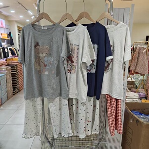 女士短袖长裤卡通印花睡衣套装