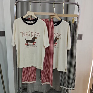 睡衣女士宽松舒适可外穿家居服套装 8023 格子长裤 卡通小狗印花短袖