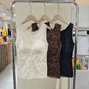 蕾丝V领保暖背心女内搭修身磨毛带胸垫免穿文胸打底上衣冬季5588