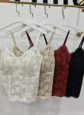 法式蕾丝吊带背心女士带胸垫免穿文胸细肩带磨毛保暖打底上衣6099